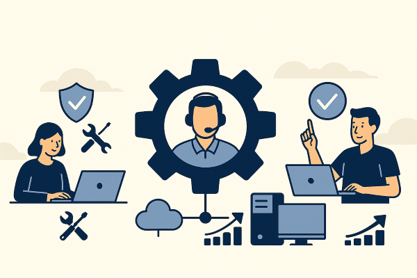 Illustration of managed service providers (MSPs) supporting business operations with cloud infrastructure, network monitoring, and IT support tools.