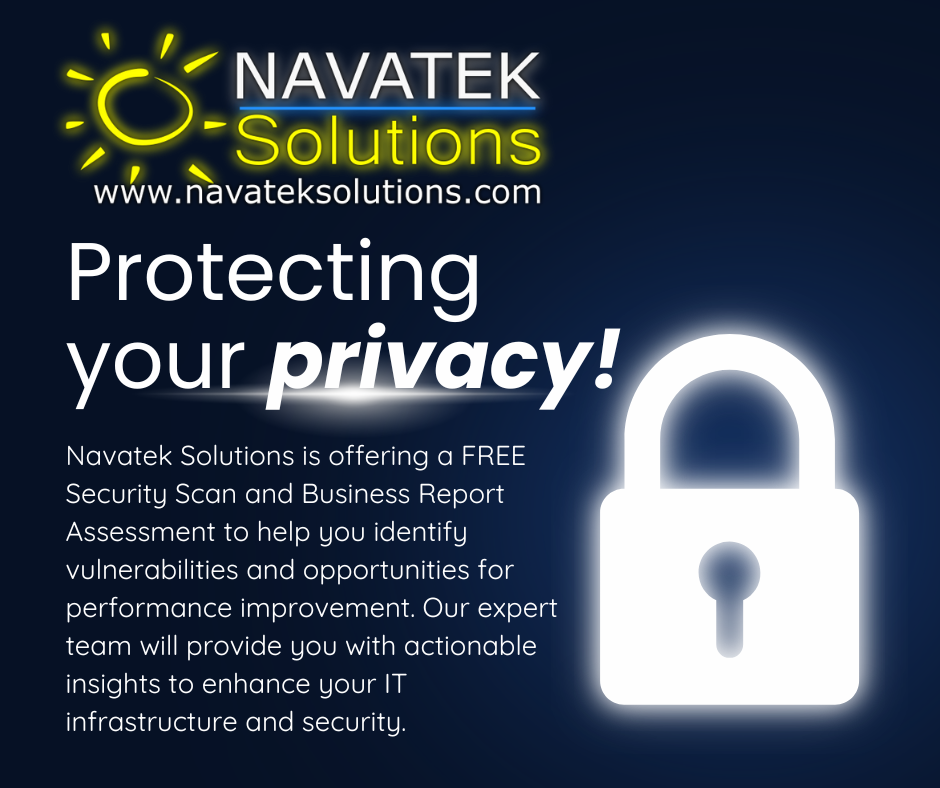Email to future prospects introducing Navatek Solutions' IT services. The email highlights a free security scan and business report assessment, detailing the services offered, including remote IT support, networking solutions, and server management. It also provides examples of recent projects, such as remote IT support for an organ company, replacing networking equipment for a post office, and replacing servers for pilot traveling services. The email includes contact information for scheduling the free assessment.