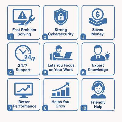 Illustration of Top 10 Managed Service Provider services monitoring business IT systems remotely to ensure smooth operations and quick problem resolution.
