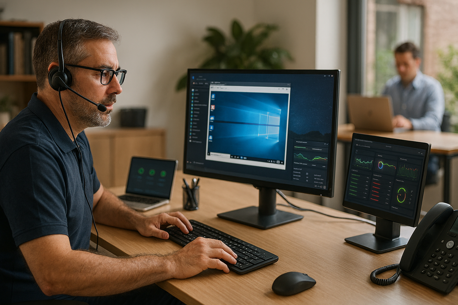 Illustration of a modern small business office with active computer monitoring, remote helpdesk setup, and secure IT workspace.